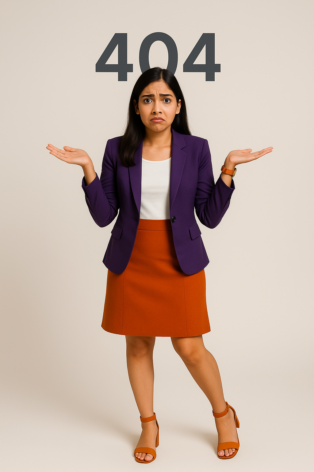 404 Page Not Found - Confused woman with hands raised